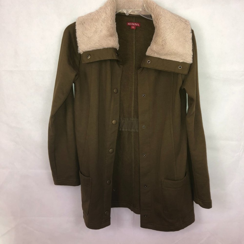 Merona Soft Knit Green Jacket w/ Faux Fur Size XS - Picture 2 of 5